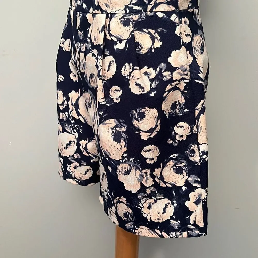 Lush Women's Navy and Pink Floral Back Zipper Short Sleeve Romper